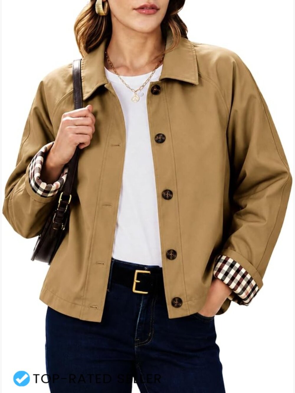 Oversized Cropped Trench Coat with Plaid Lining, Pockets, Button Closure,